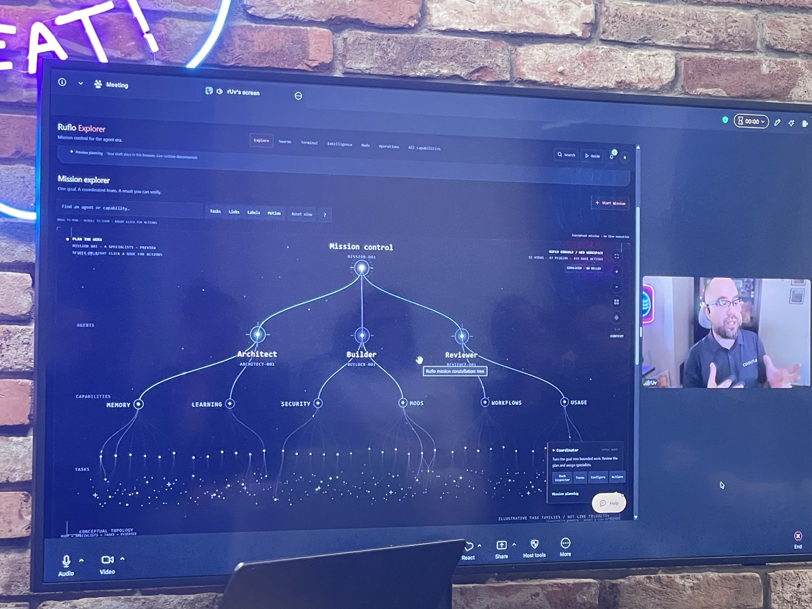 ruOS Desktop, Ruflo Explorer: a mission, the specialists it dispatched, their tasks and the evidence each produced, laid out as a constellation